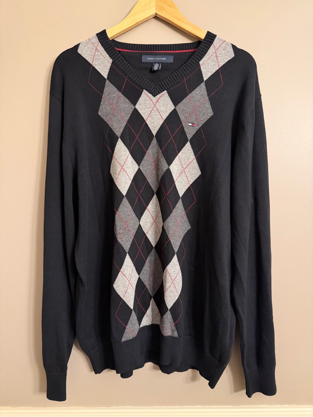 Tommy Hilfiger Men’s XL Argyle V-Neck Sweater Black Grey Cotton Knit